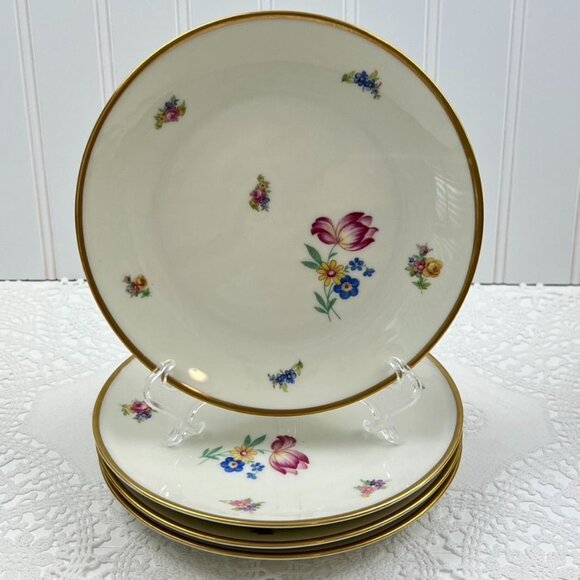 Vintage Hackefors 4 Dessert Bread Plates 32 Porslin Sweden Gold Trimmed Floral - Picture 3 of 9